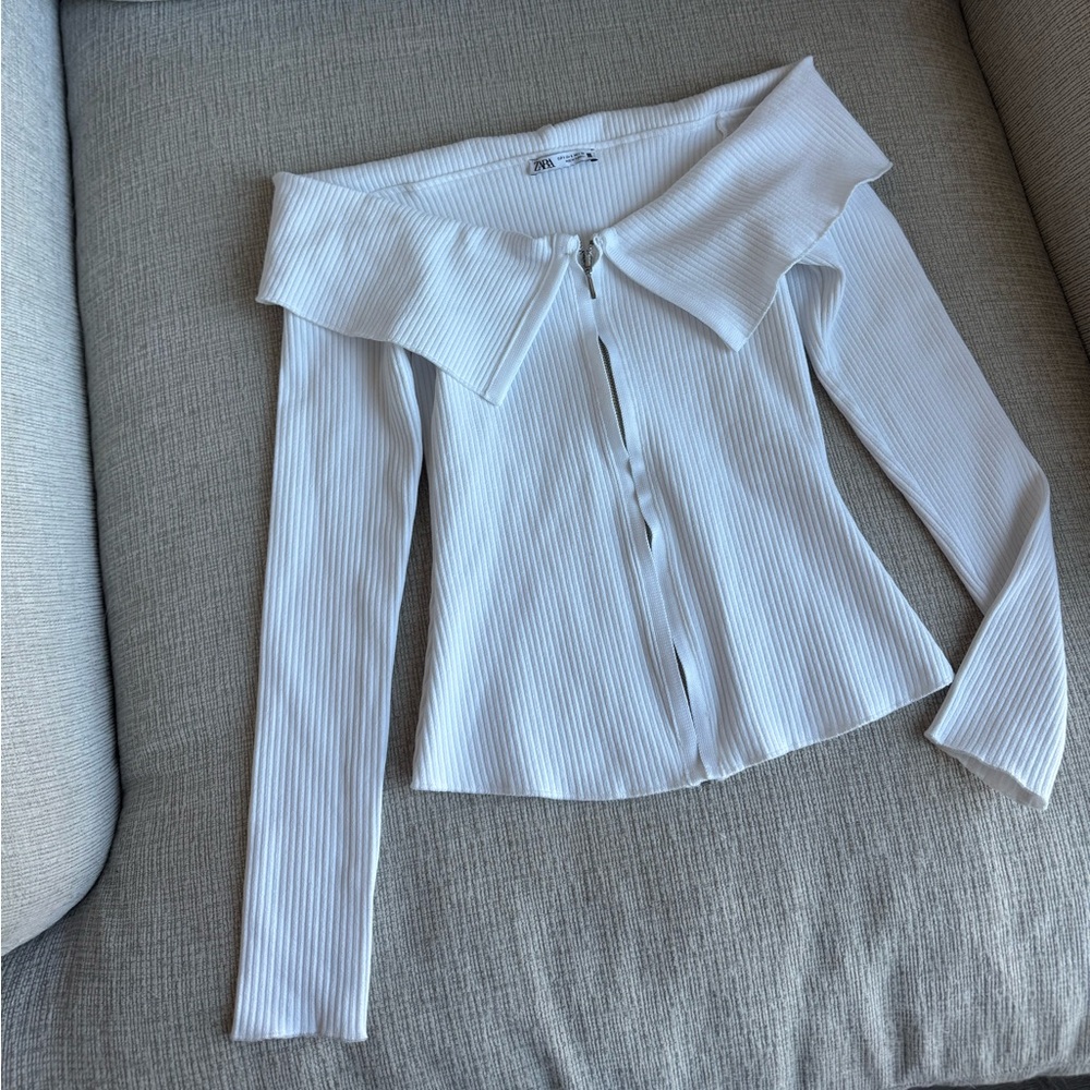 Zara Ribbed White Zip-Up Top - Picture 2 of 4